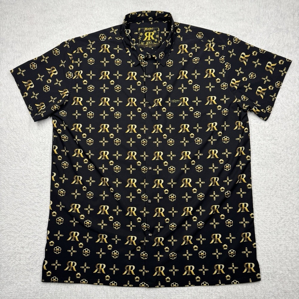Retro Rifle High Roller Black Gold Ammo & Cylinder Snap Down Shirt‎ Men's 2XL